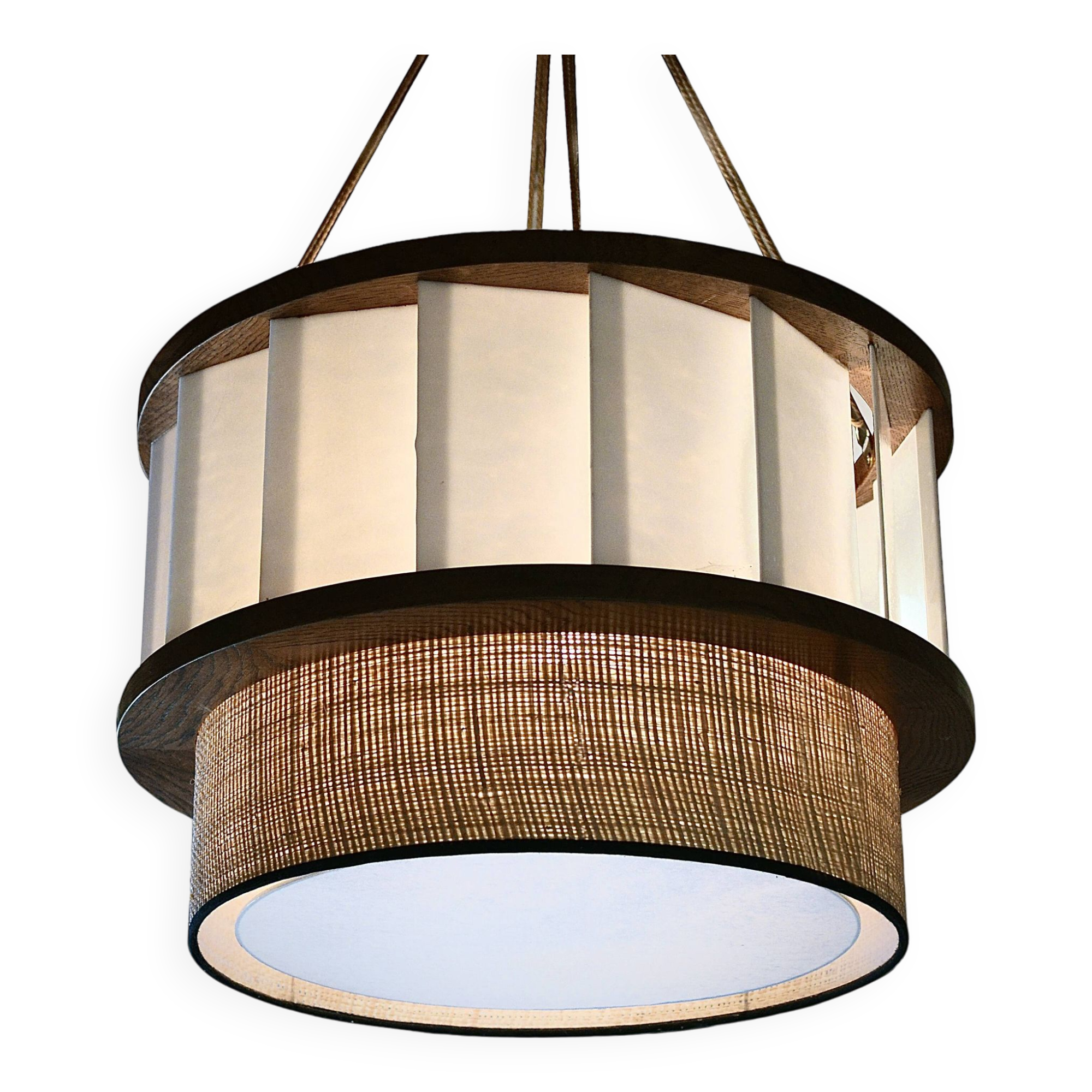 Suspension in solid oak and opaline glass