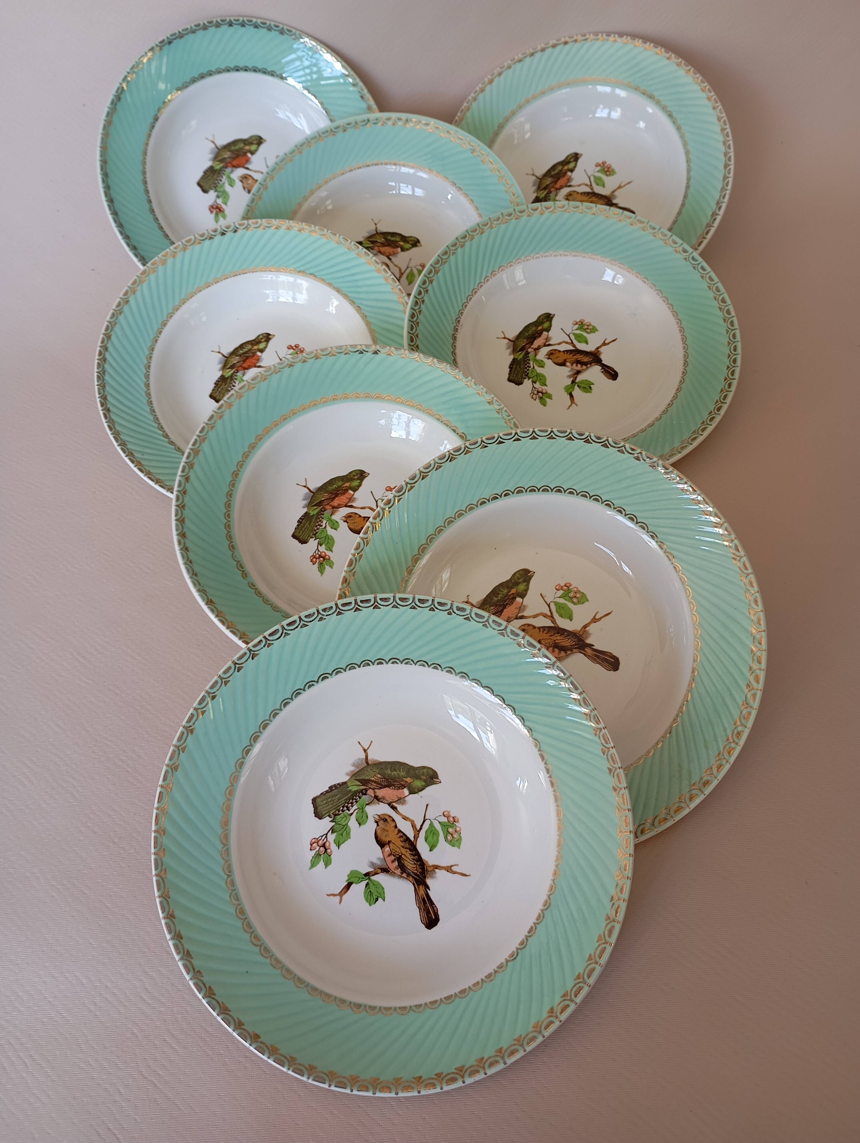 8 soup plates Fenal Badonviller "Birds" vintage 1950s