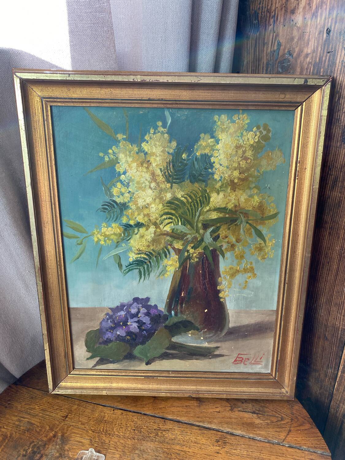 Painting on wood, mimosas, Belli