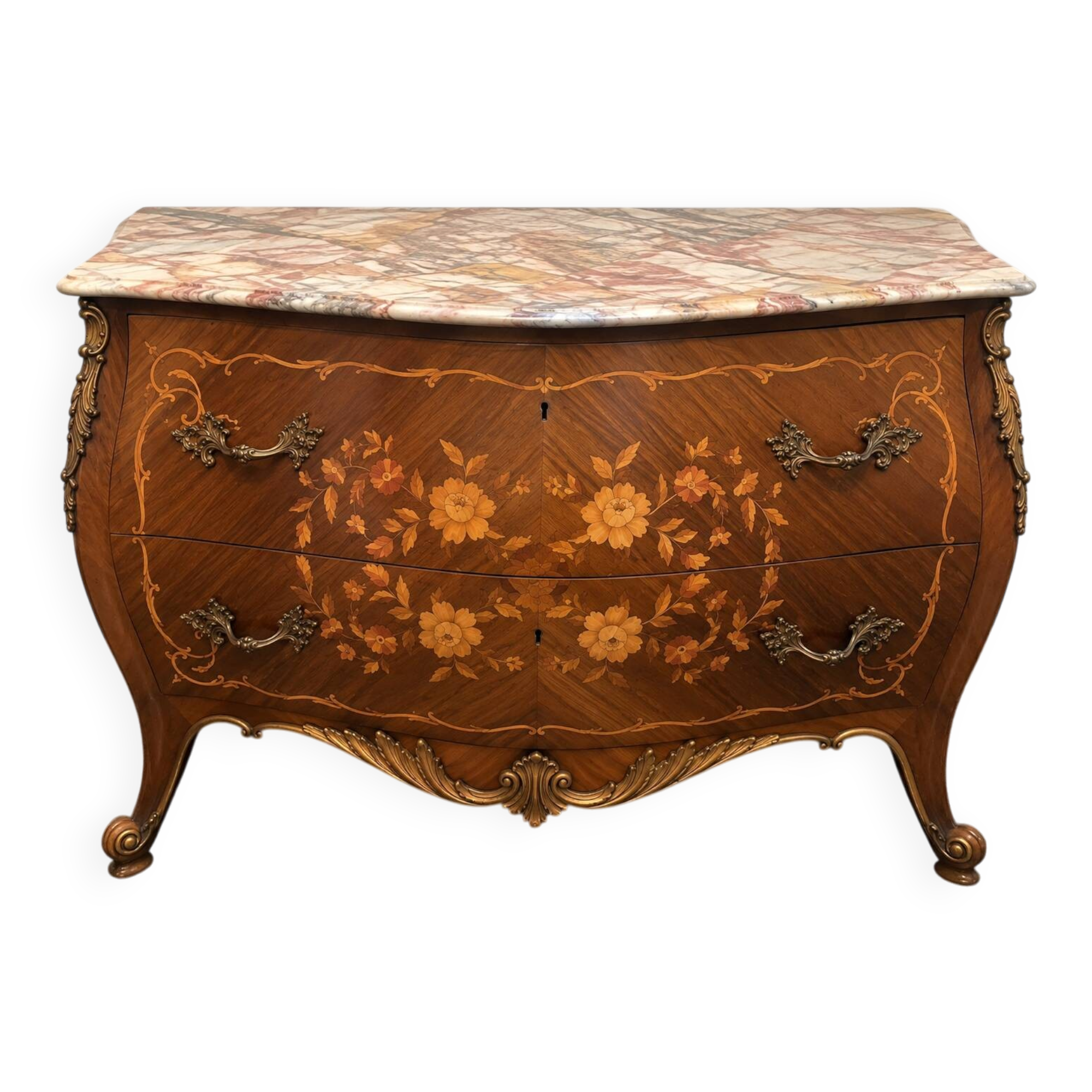 Walnut chest of drawers with marquetry and marble, 1958