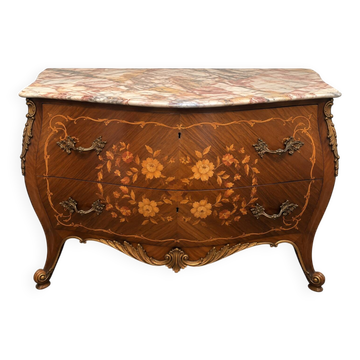Walnut chest of drawers with marquetry and marble, 1958