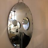 Bevelled art deco oval mirror mounted on wood with vertical or horizontal original chain 38x68cm