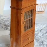 Vintage wooden shelf with drawers and wire mesh door