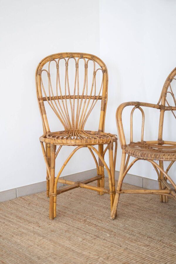 Ensemble table et chaises en rotin années 70