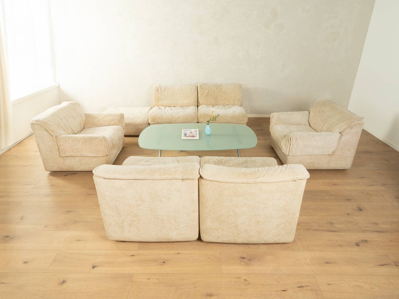 COR Space Age seating group, 1970s, set of 6 armchairs and footstool, cream white