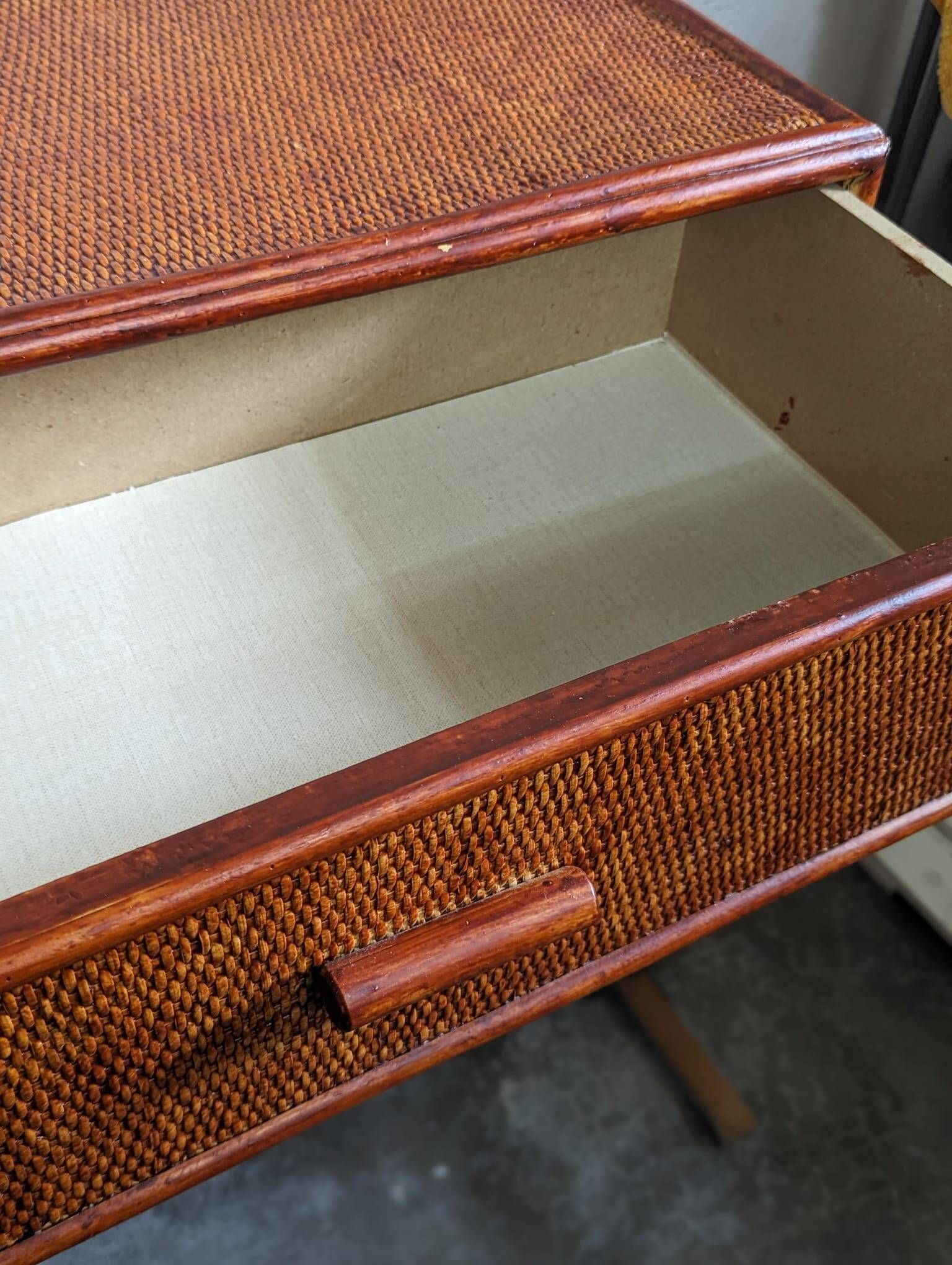 Rattan chest of drawers with one large drawer and two hinged doors - mahogany color