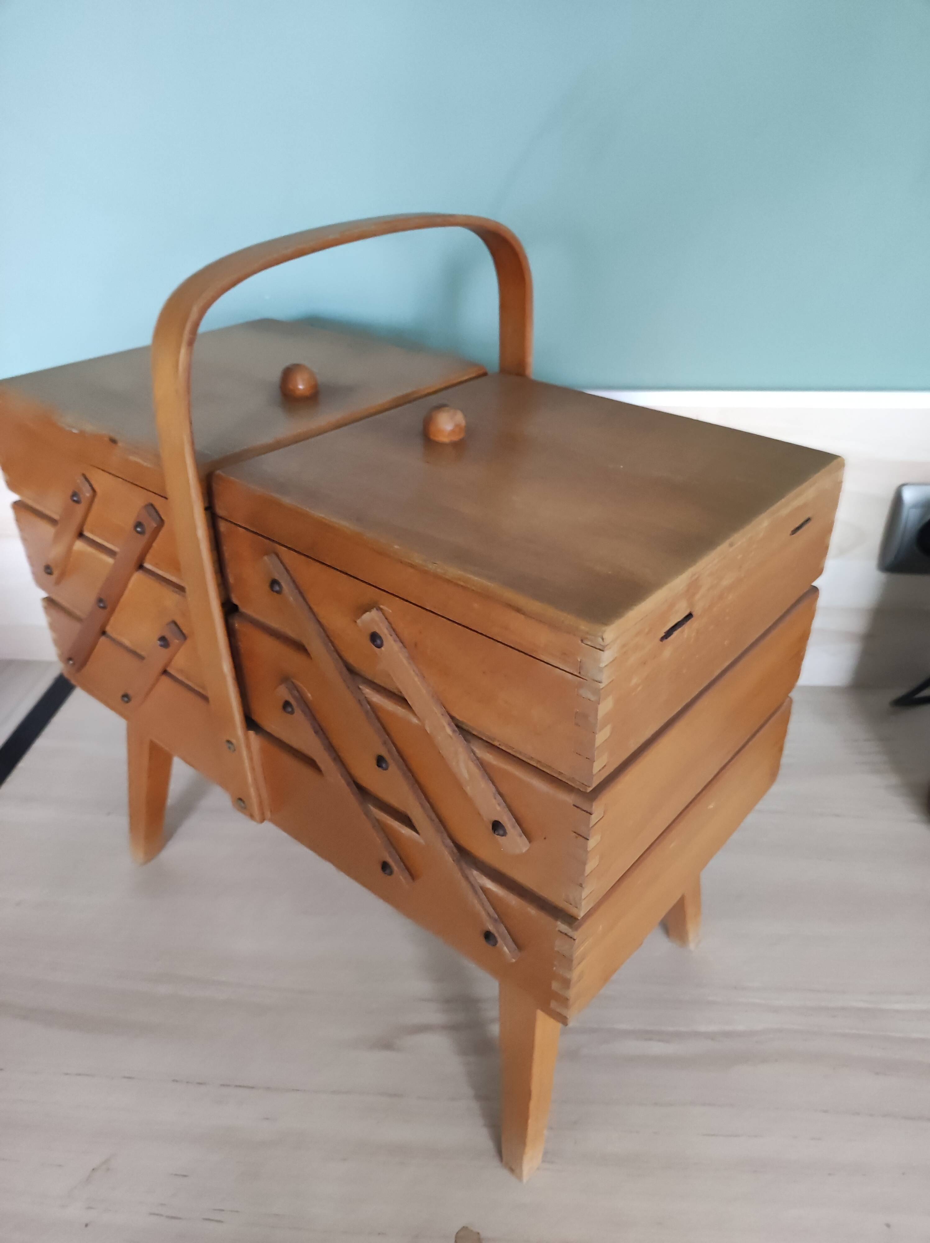 Sewing box worker wood feet compass vintage Scandinavian style