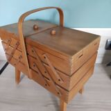 Sewing box worker wood feet compass vintage Scandinavian style