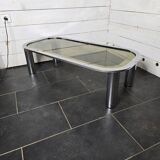Chrome metal coffee table with smoked glass top from the 70s
