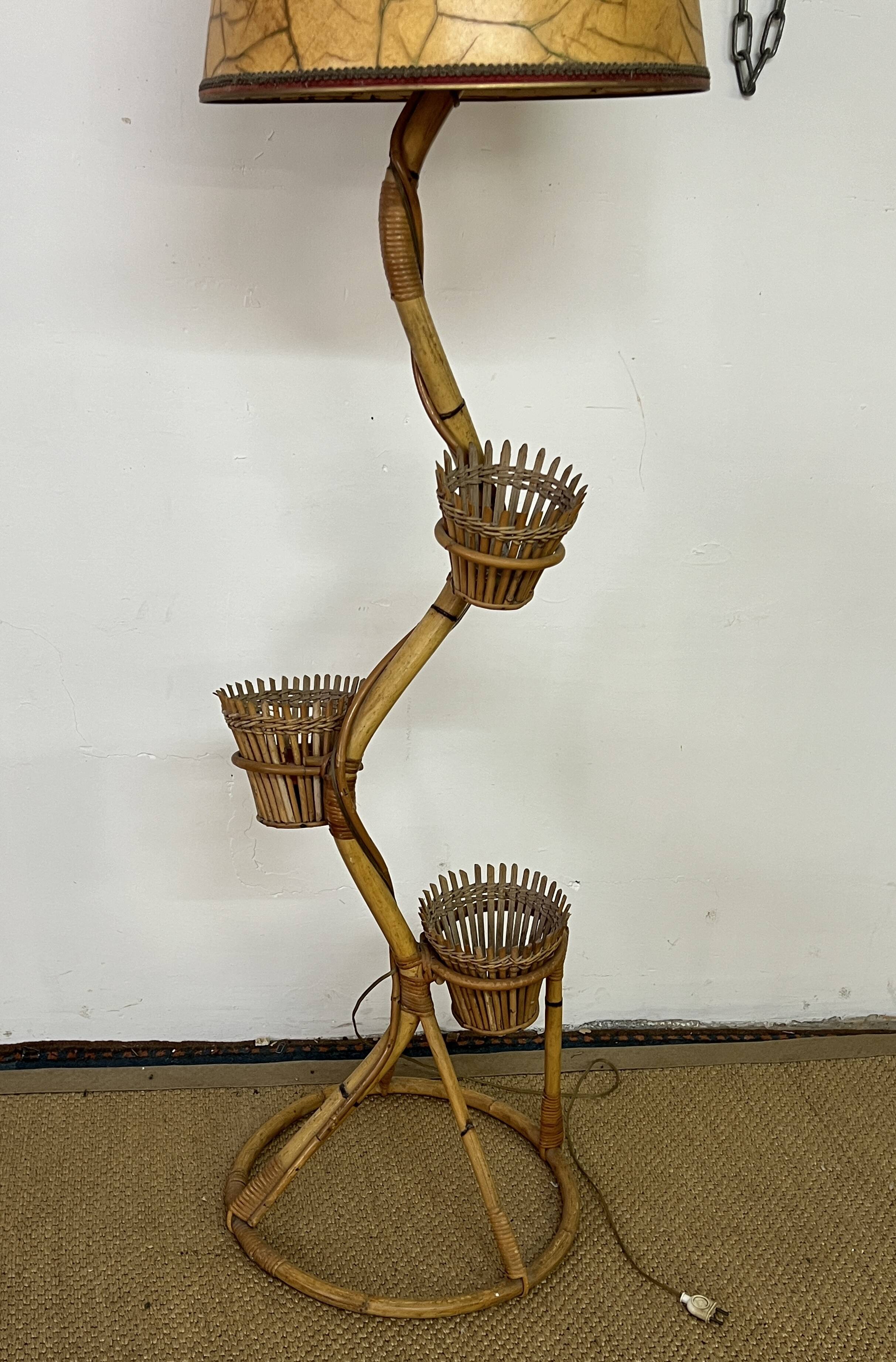 Rattan and bamboo plant holder floor lamp from the 70s