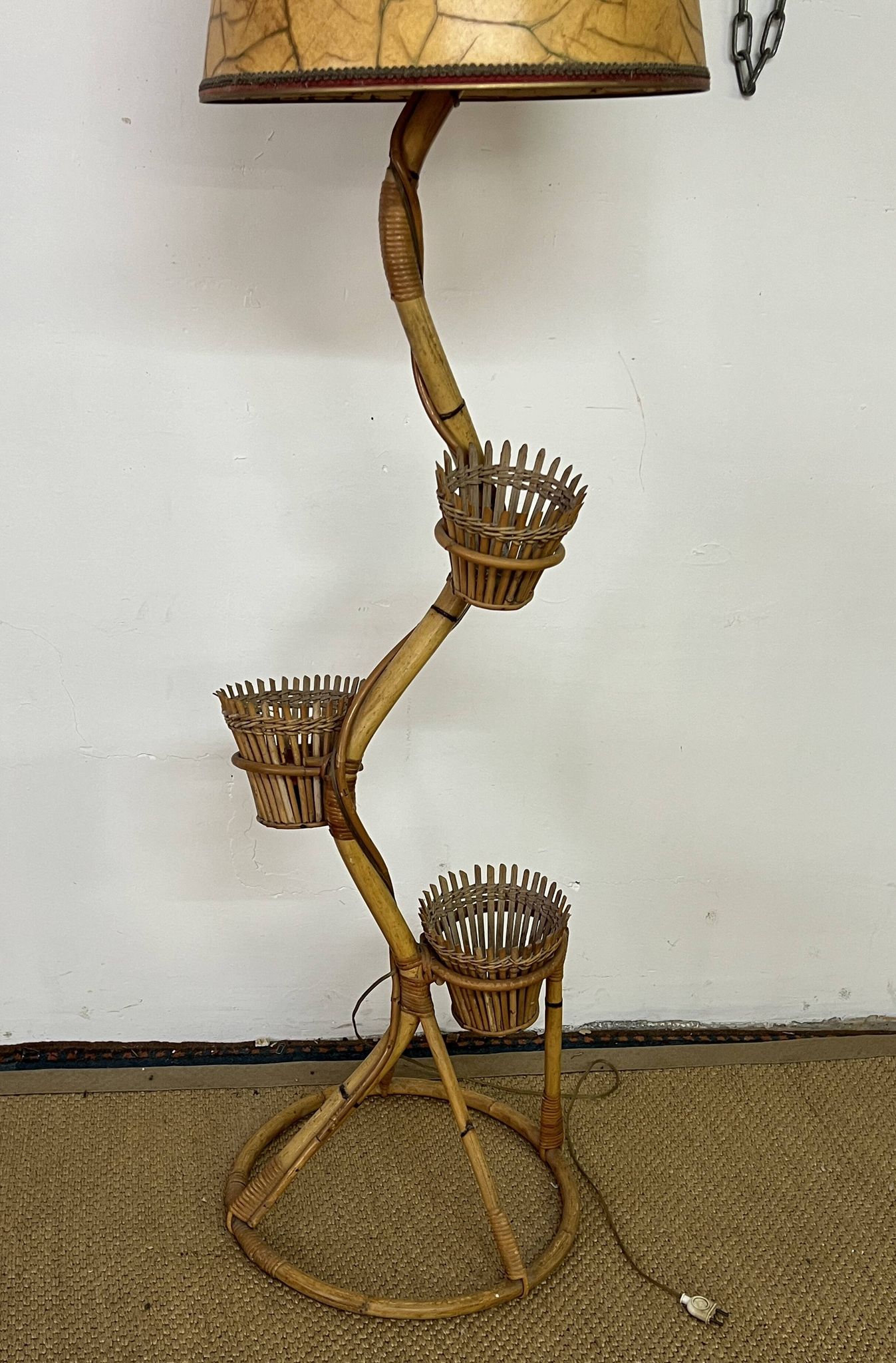 Rattan and bamboo plant holder floor lamp from the 70s
