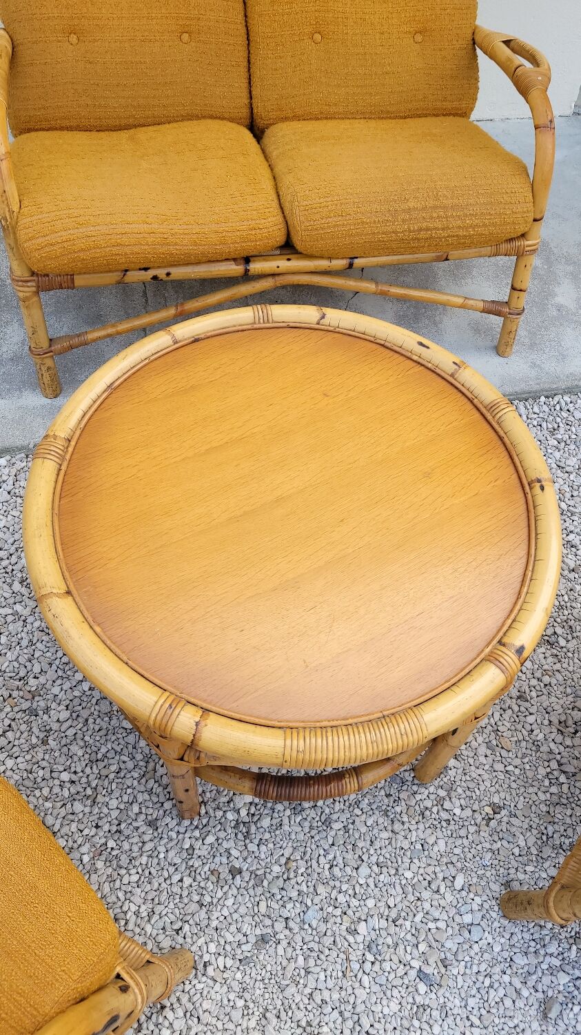 Salon canapé, 2 fauteuils et table basse en rotin vintage fabrication 1950