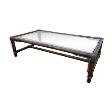 Table basse rotin et verre vintage