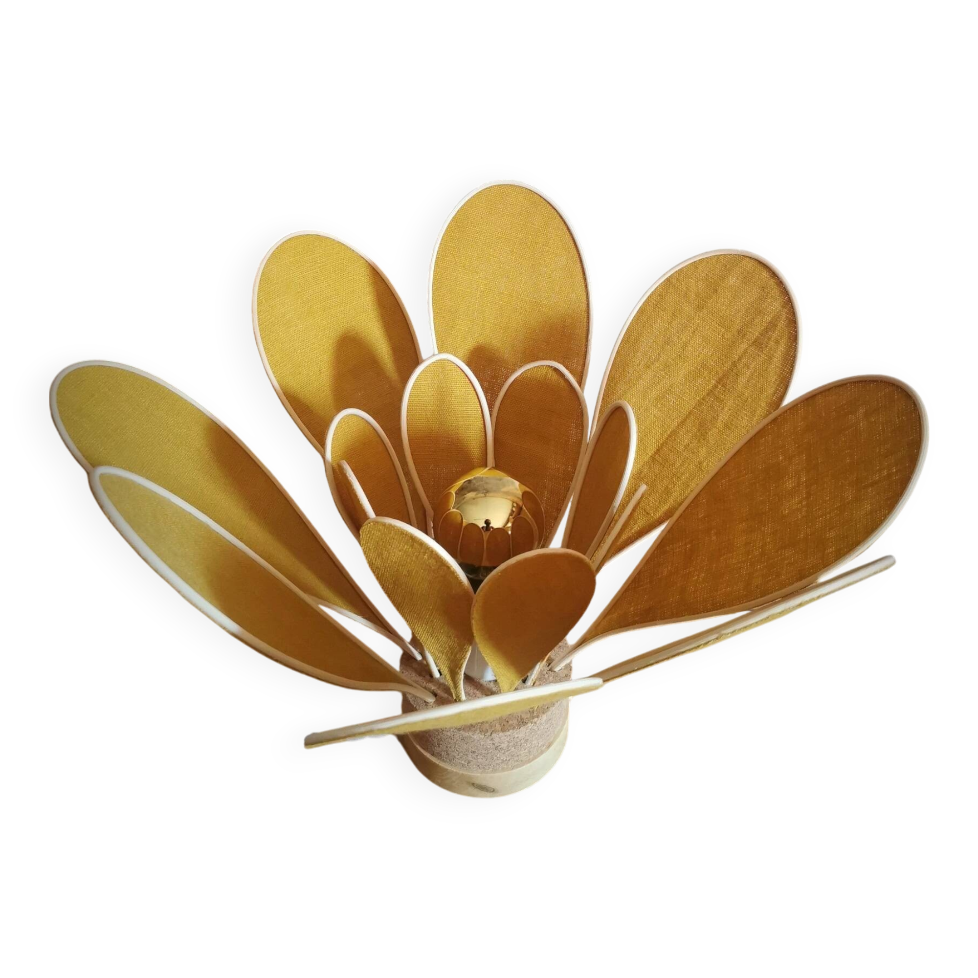 Flower table lamp made of rattan and saffron yellow linen petals