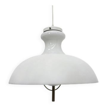 Vintage glass hanging lamp with metal shade minimalist design, 1970s