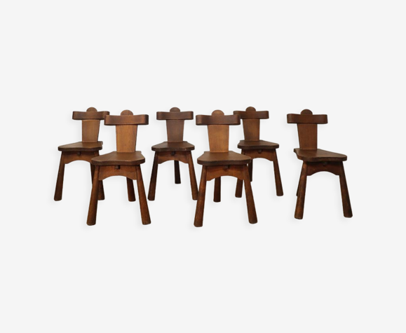 Série de 6 chaises tripodes vintage brutaliste en bois massif 1950