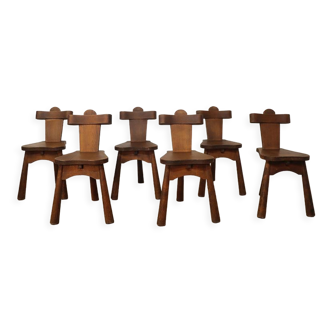 Series of 6 brutalist vintage tripod chairs in solid wood 1950