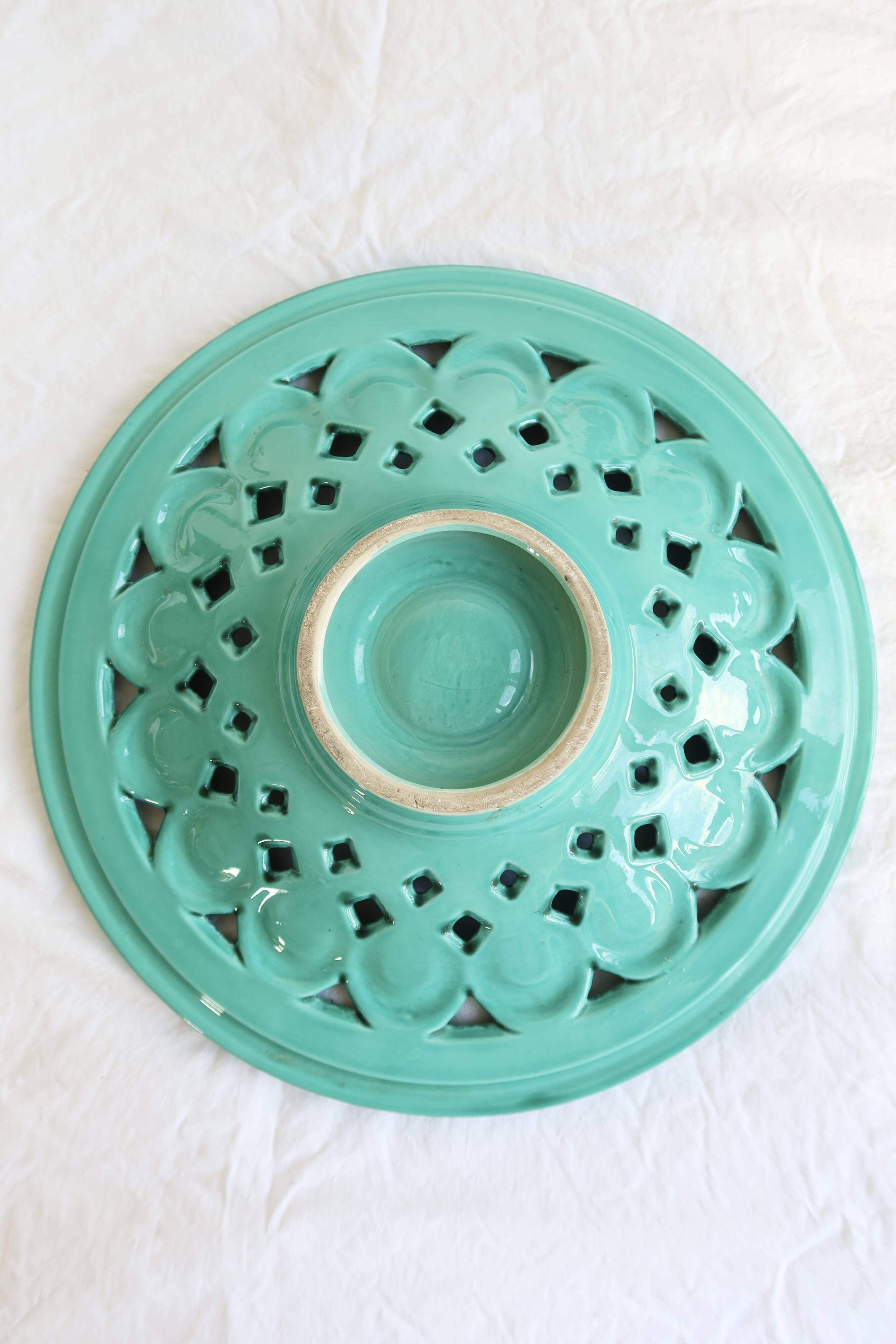 Large vintage turquoise ceramic bowl – Openwork braided pattern