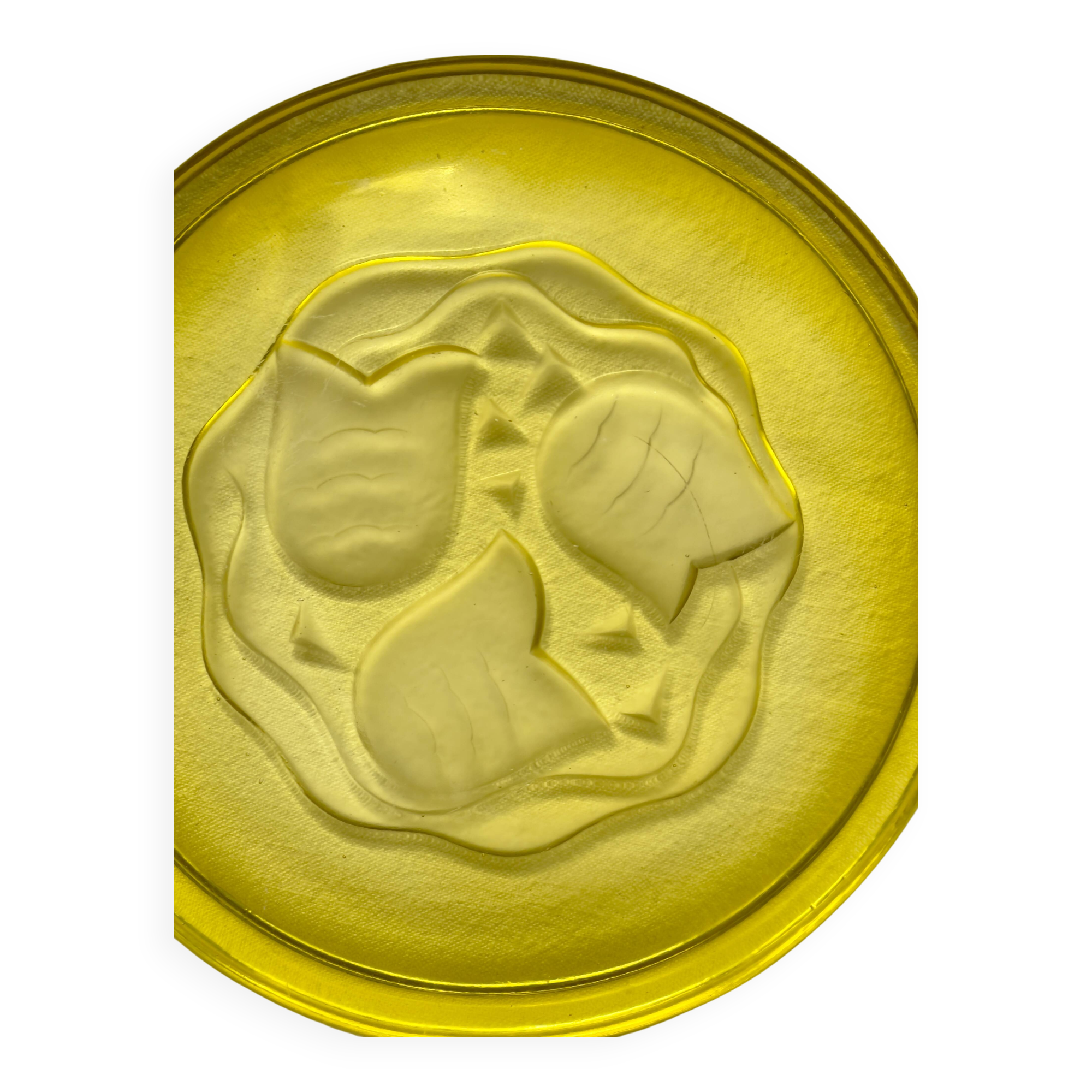Rare Art Deco salad bowl by André Hunebelle in yellow molded pressed glass