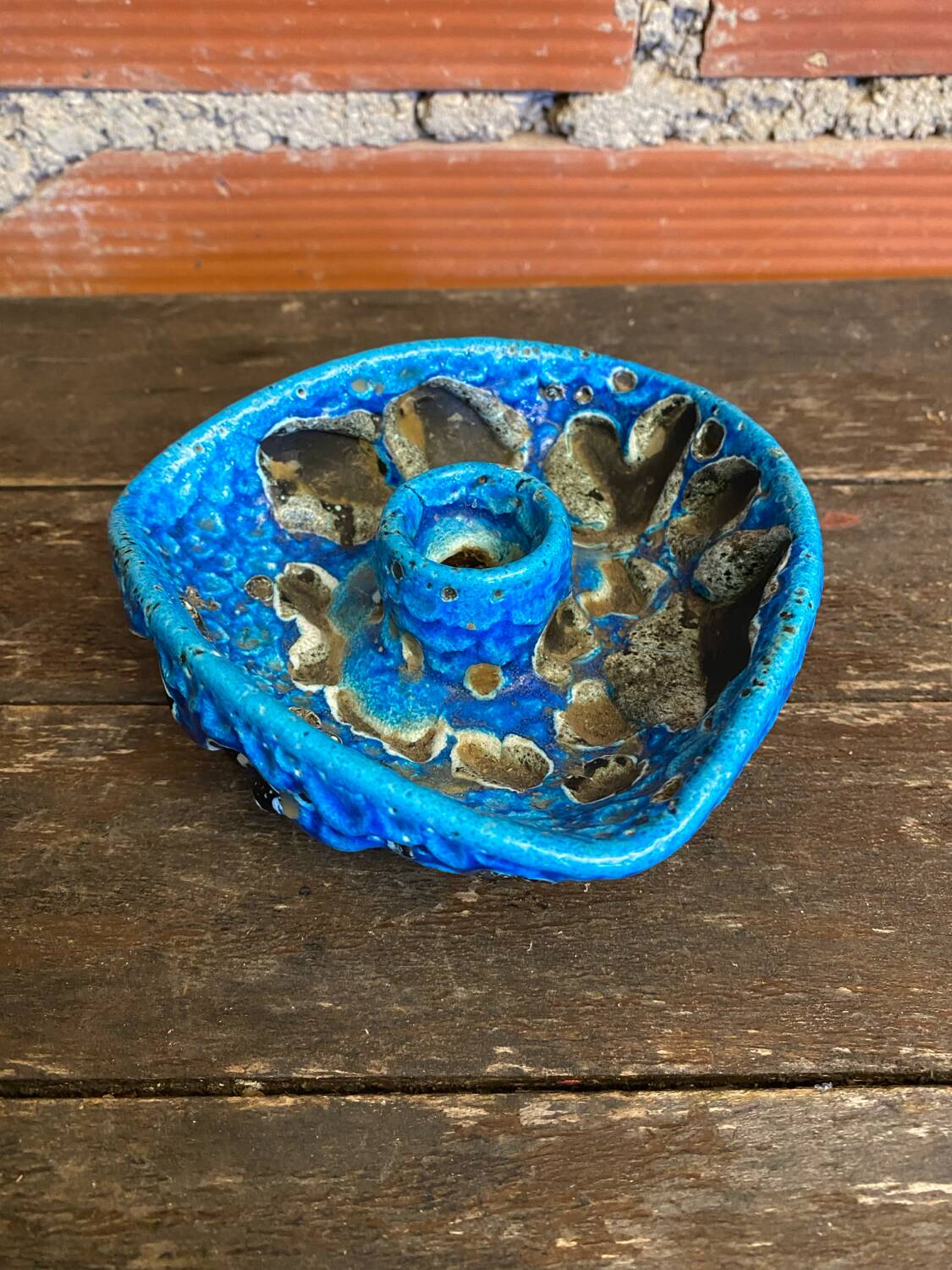 Vintage blue fat lava ceramic cyclops candle holder charles cart