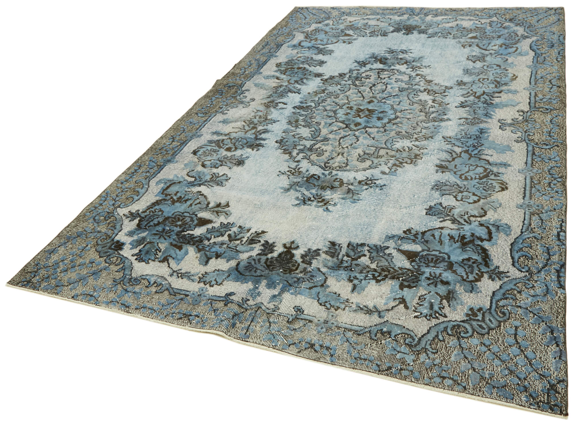 Hand-knotted carved turkish 1970s 198 cm x 323 cm blue carpet