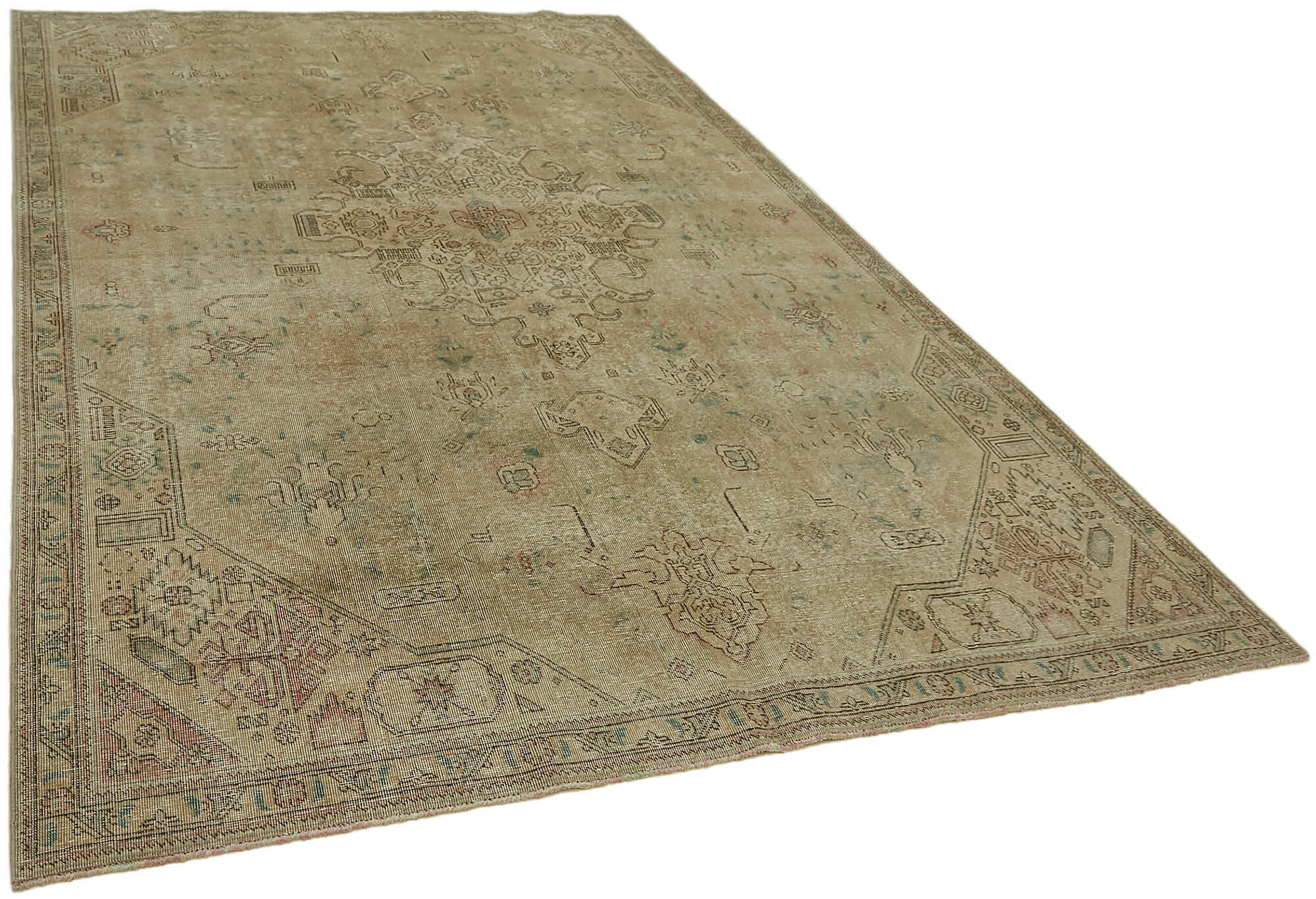Hand-Knotted Anatolian Vintage 1970s 224 cm x 338 cm Beige Wool Carpet
