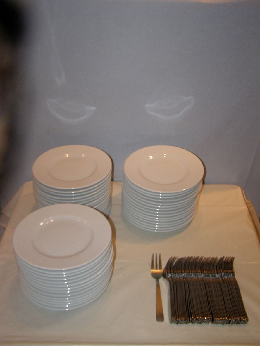 72 white porcelain dessert plates "Saturnia" + 72 stainless steel dessert forks
