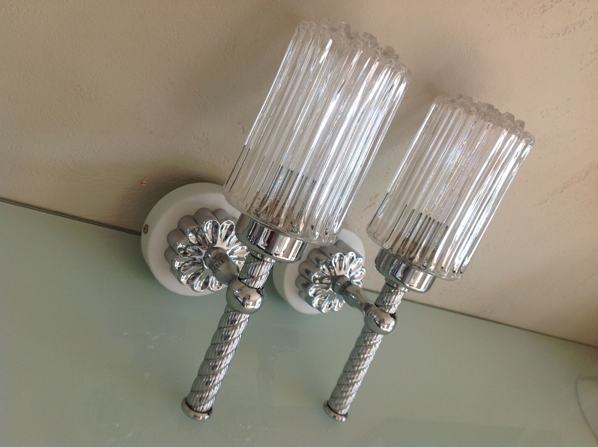 Pair of torch  in glass and chrome metal / vintage 70s wall light
