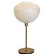Table lamp with a white striped glass globe lampshade and a gold base
