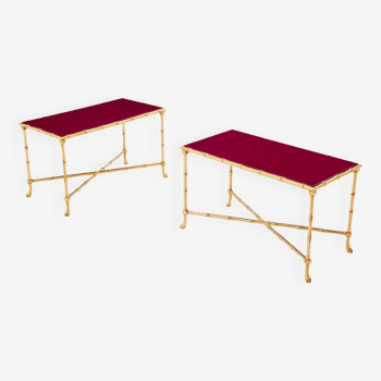 Maison Baguès attribution end tables bamboo brass red lacquer 1960