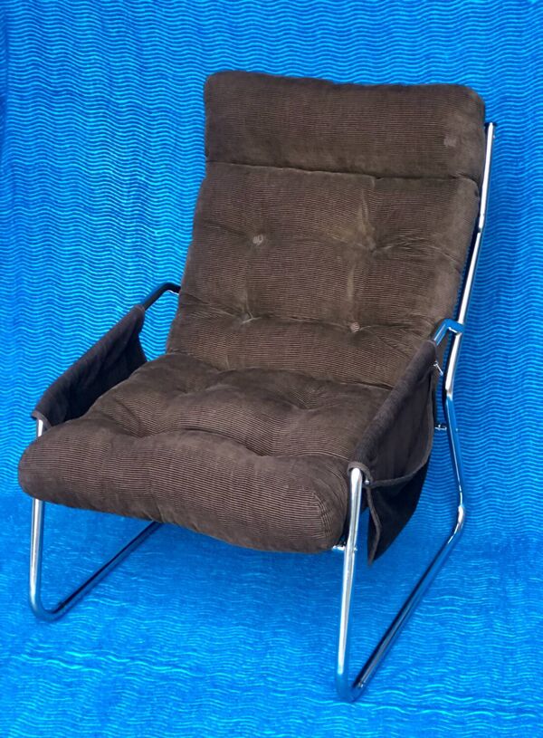 FAUTEUIL VELOURS MARRON CHROME 1970 IKEA VINTAGE