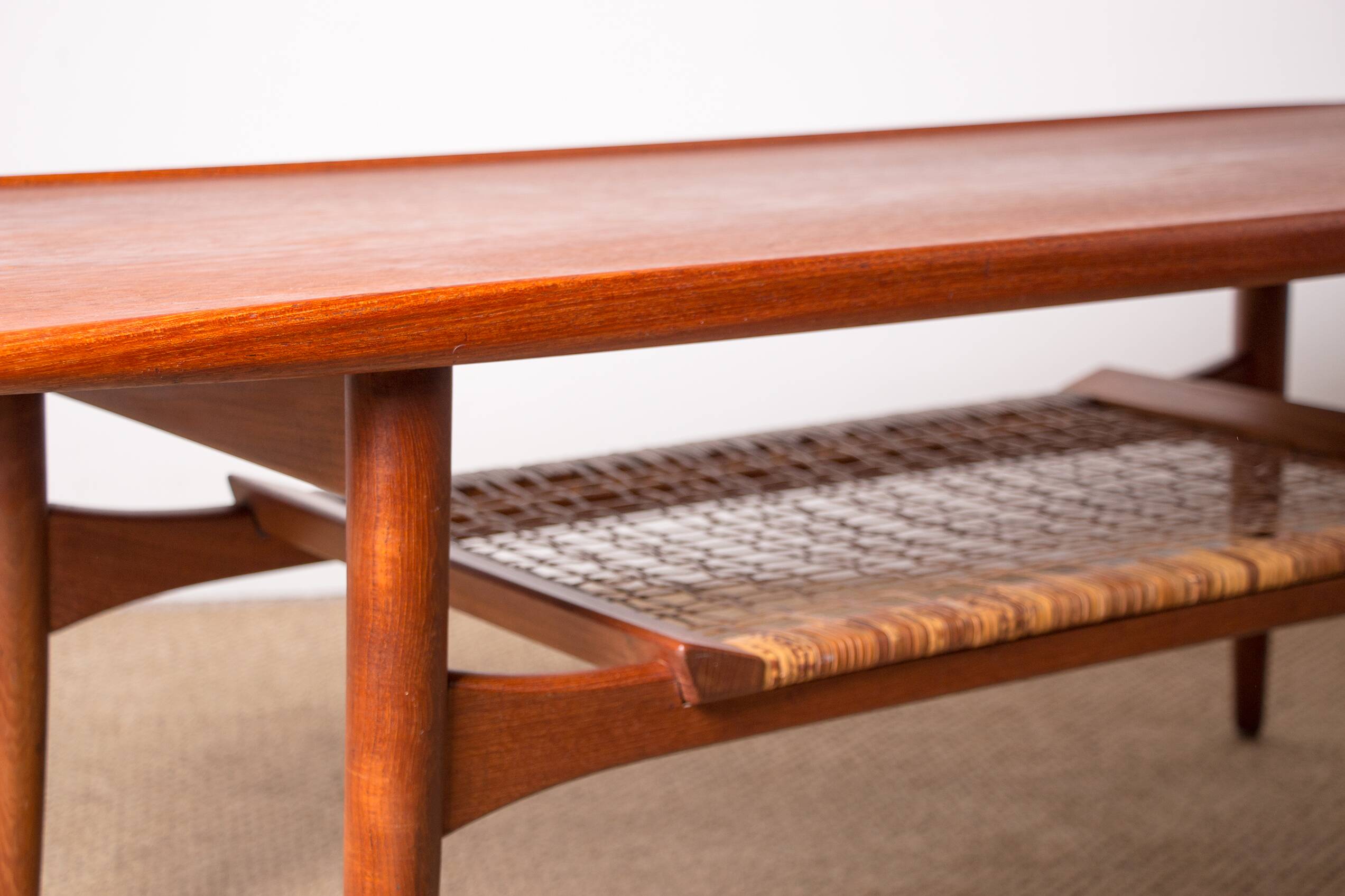 Danish coffee table in teak and rattan by KT Mobler 1960