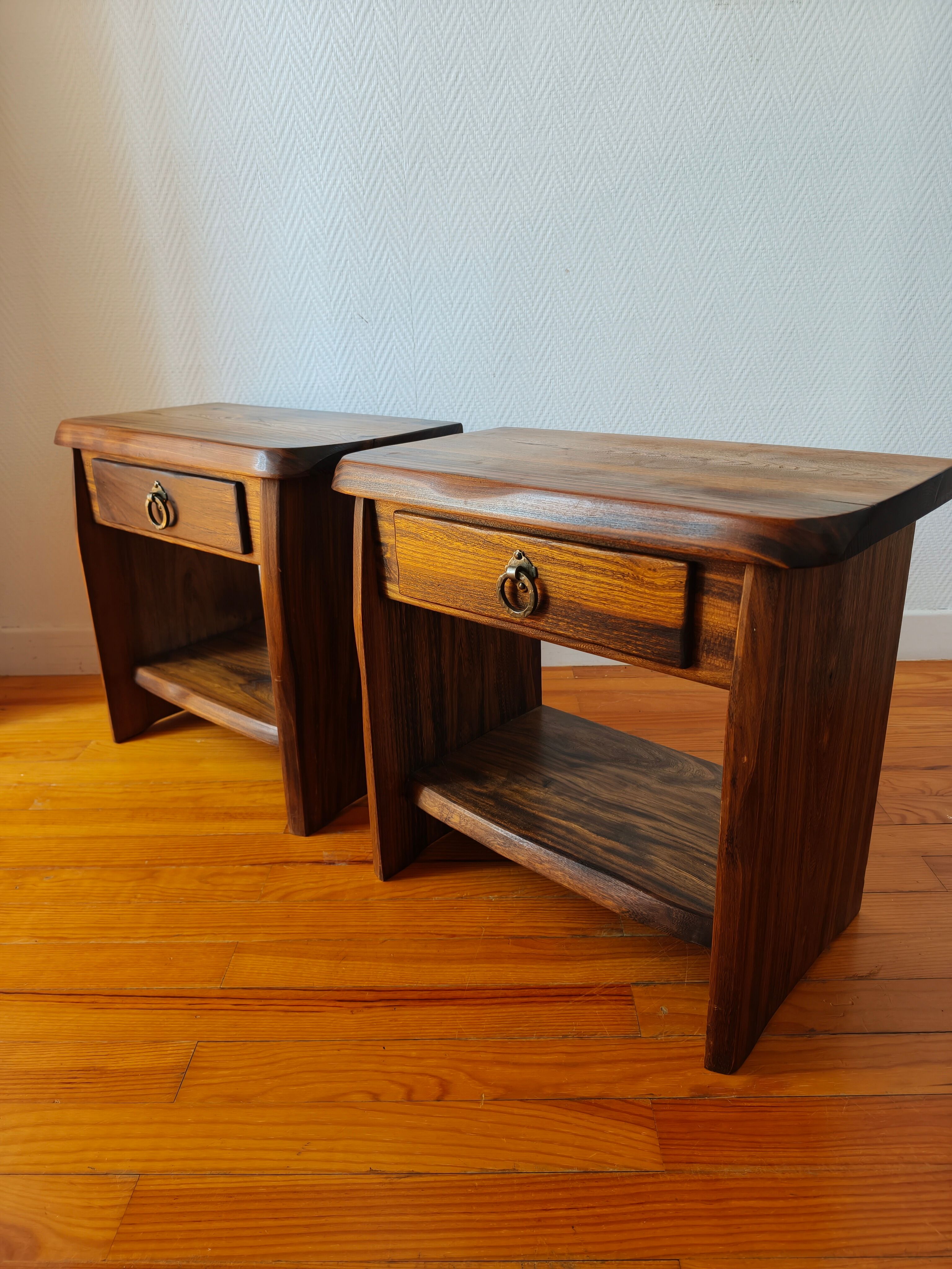 Pair of solid elm bedside tables, France 1970.
