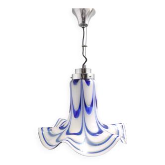 Postmodern Blue & White Murano Glass Pendant Ascribable to Mazzega, Italy, 1970s