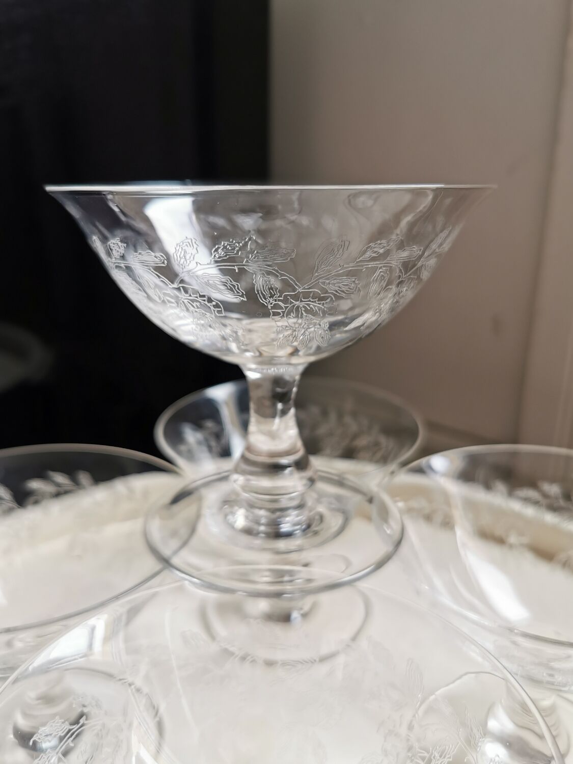 5 vintage hand-engraved champagne bowls