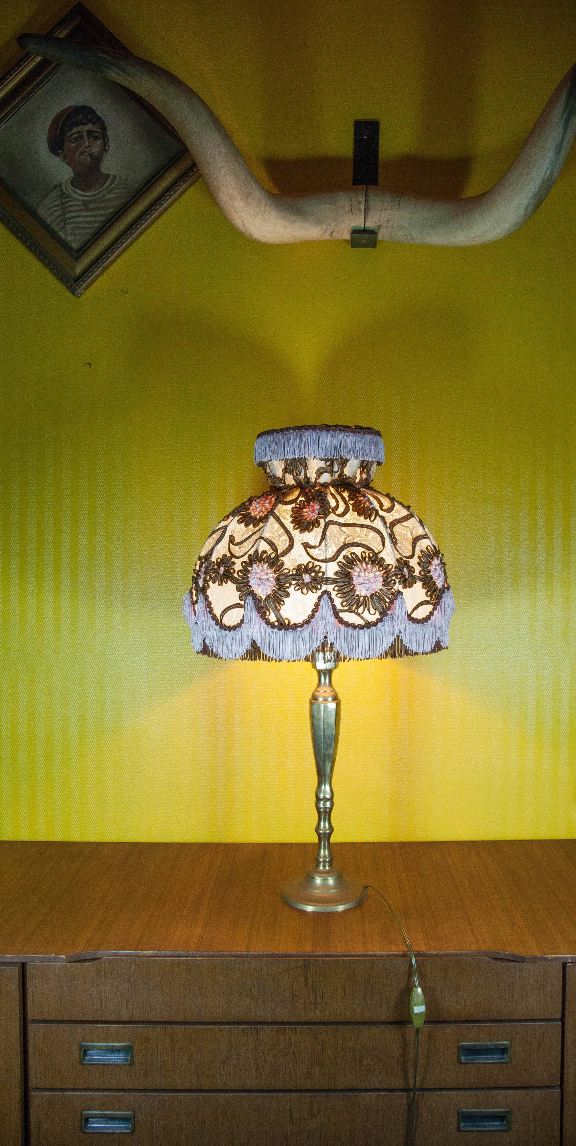 Large brass lamp with lampshade