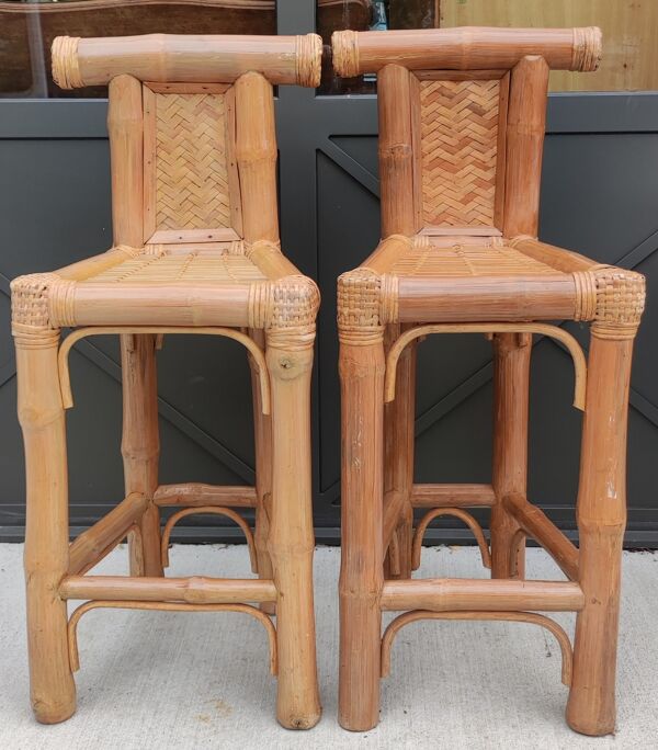 Paire de gros tabourets en bambou années 1970