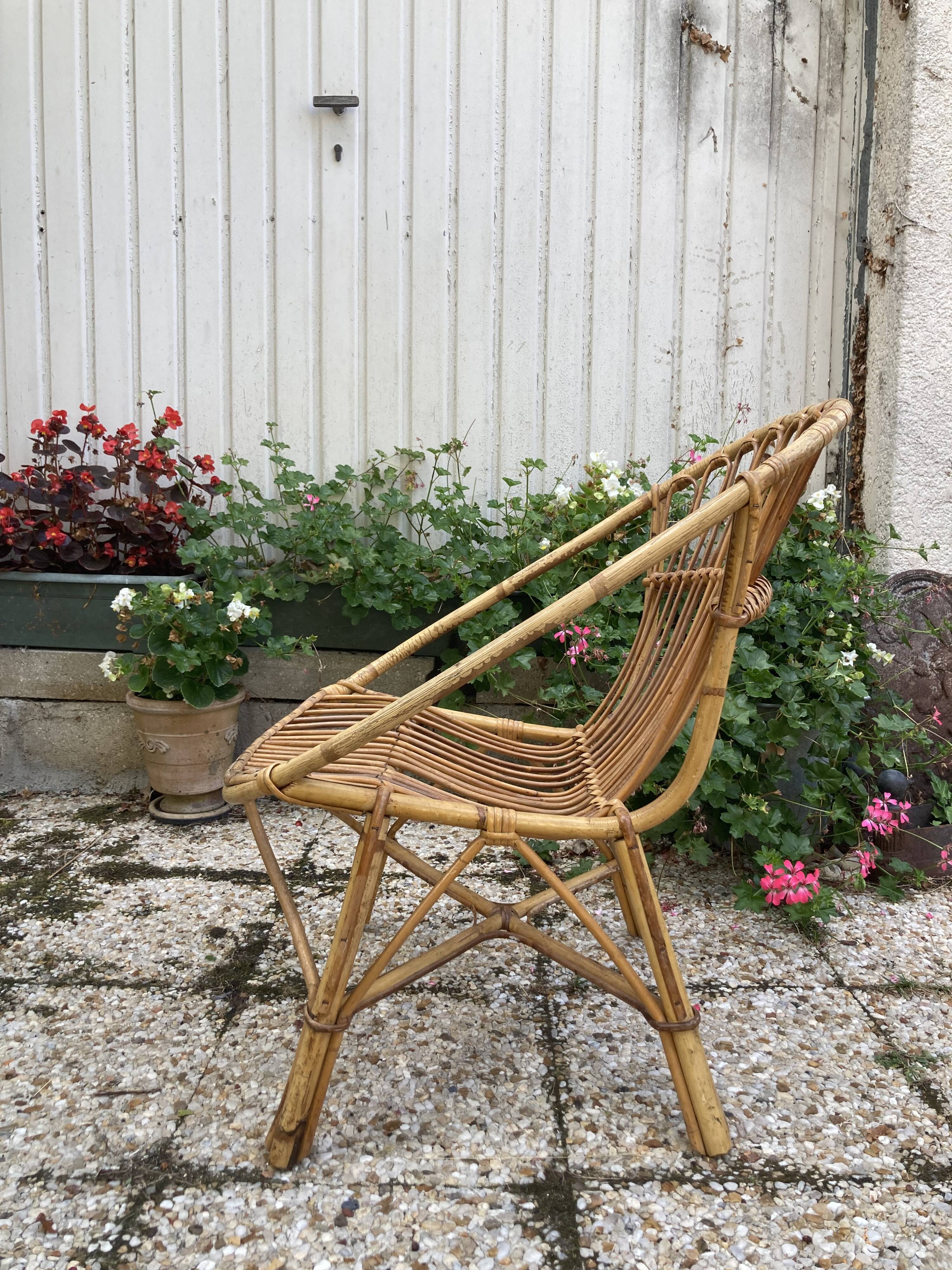Set of 3 vintage rattan armchairs