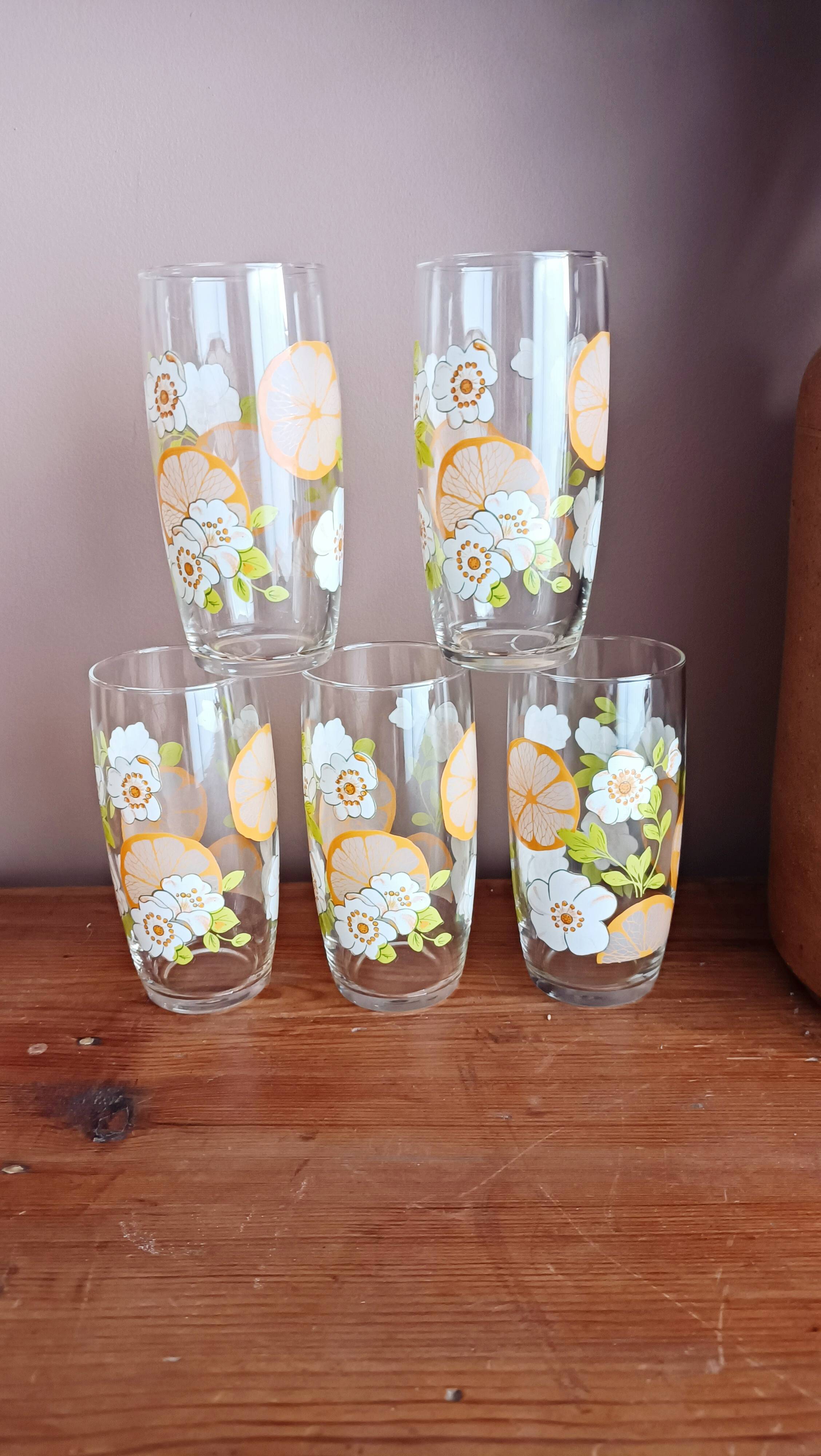 Set of 5 floral orangeade glasses