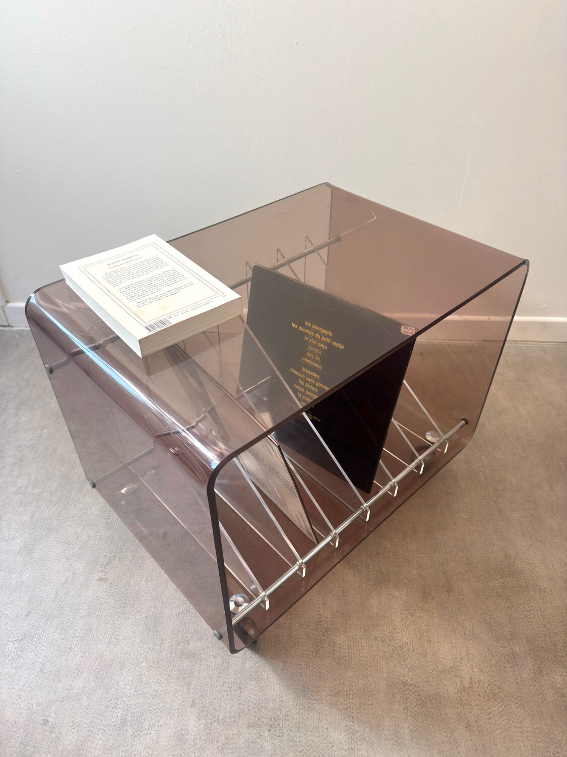 Hi-fi furniture in smoked Plexiglas by Michel Dumas for Roche Bobois.
