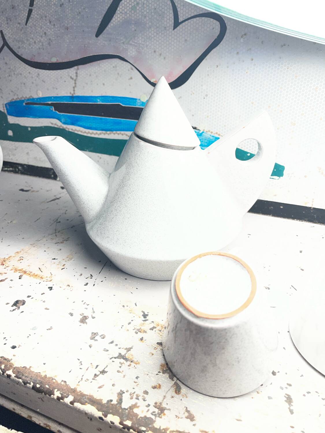 80s/90s design tea set, speckled ceramic, teapot + 6 cups.