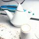 80s/90s design tea set, speckled ceramic, teapot + 6 cups.