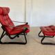 Vintage danish retro reclining lounge chair & stool in red leather by komfo