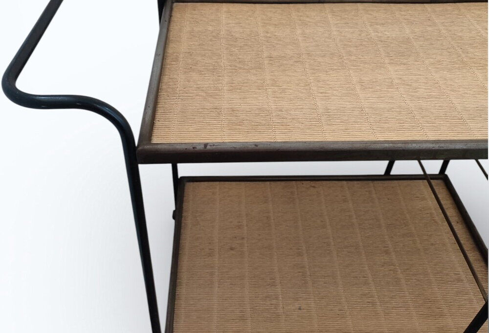 Vintage steel and rattan dessert trolley on wheels
