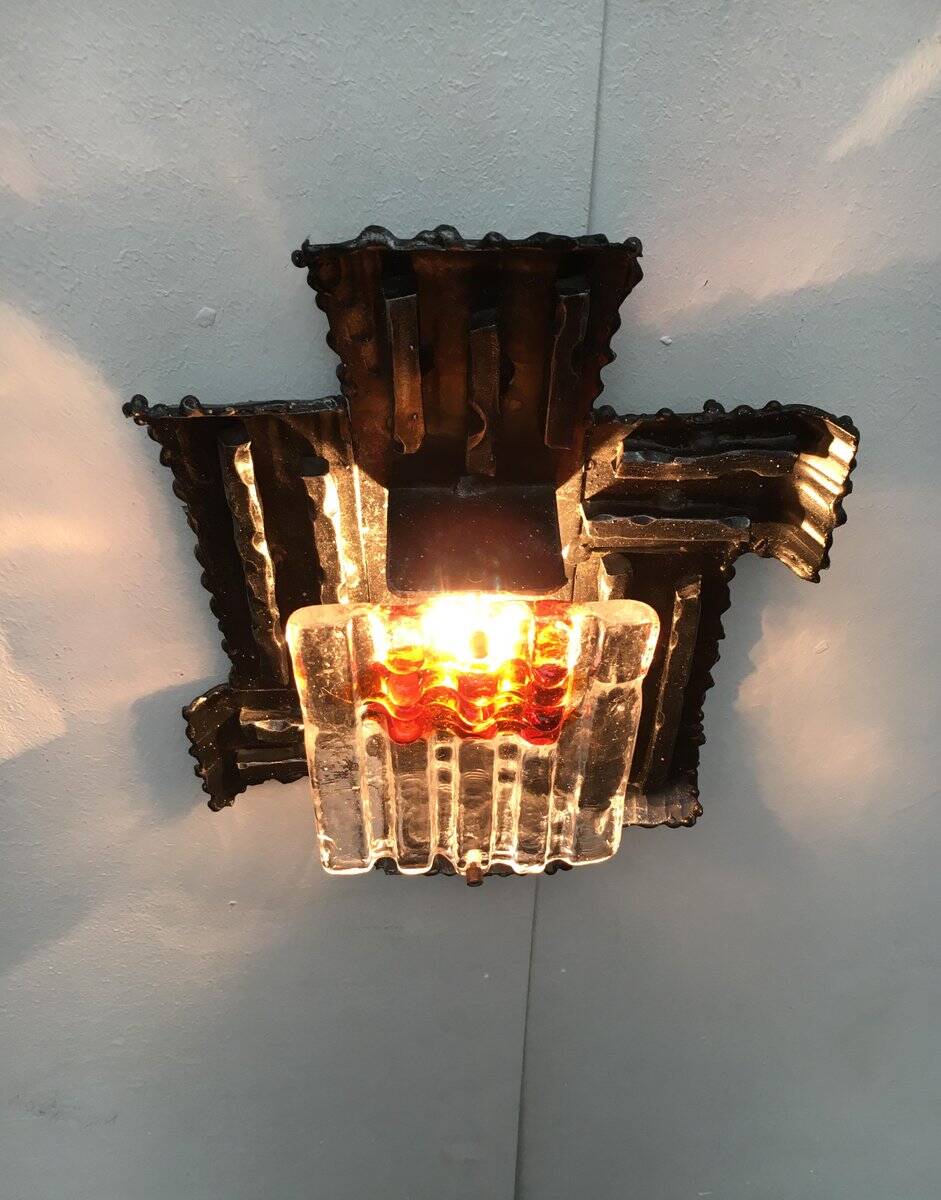 Vintage Italian brutalist wrought iron wall lamp by Albano Poli for Poliarte, set of 4.