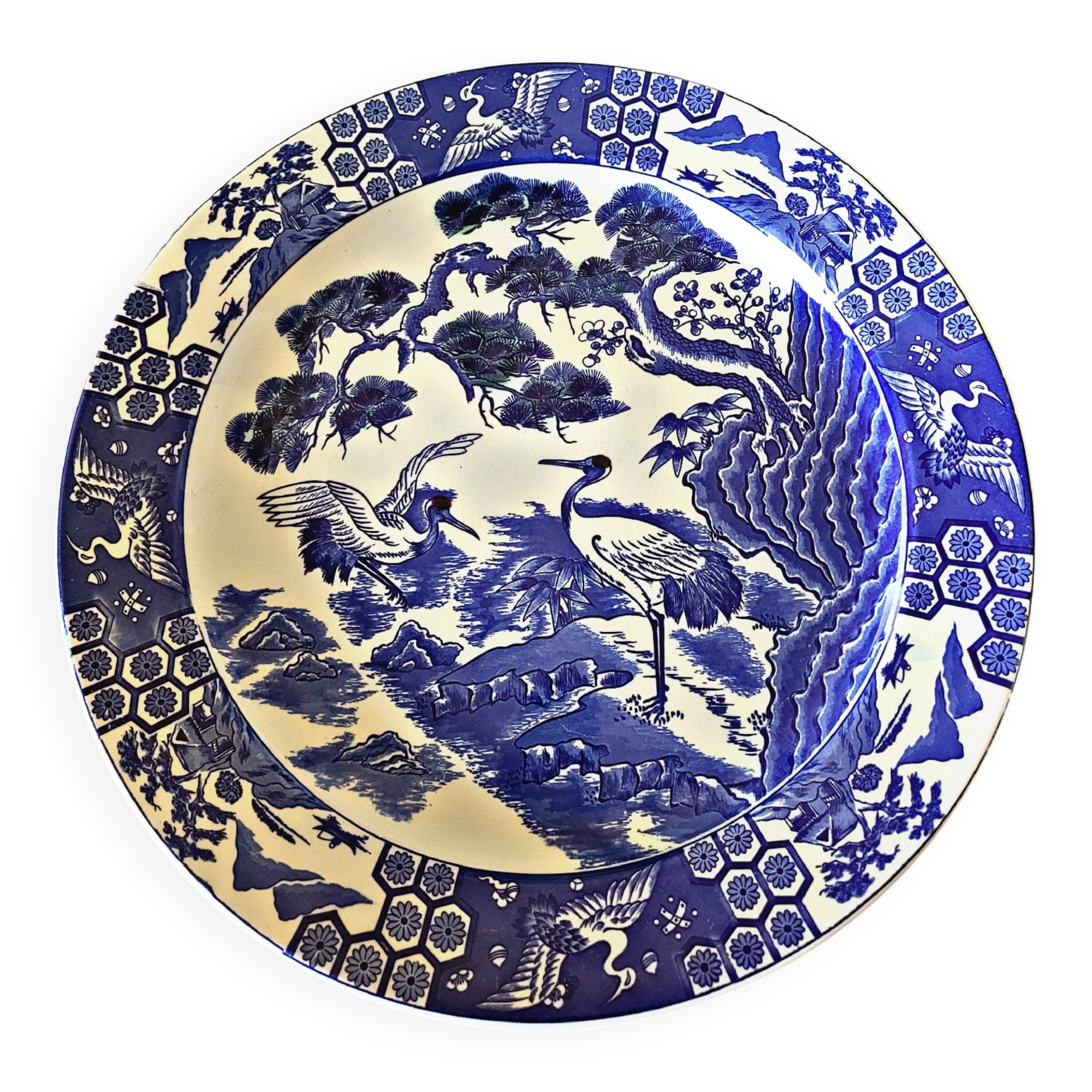 Large vintage Asian dish (with wall hook) decorated with birds (cranes)