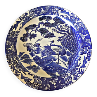 Grand plat vintage asiatique (avec accroche mural) décor d'oiseaux (grues)