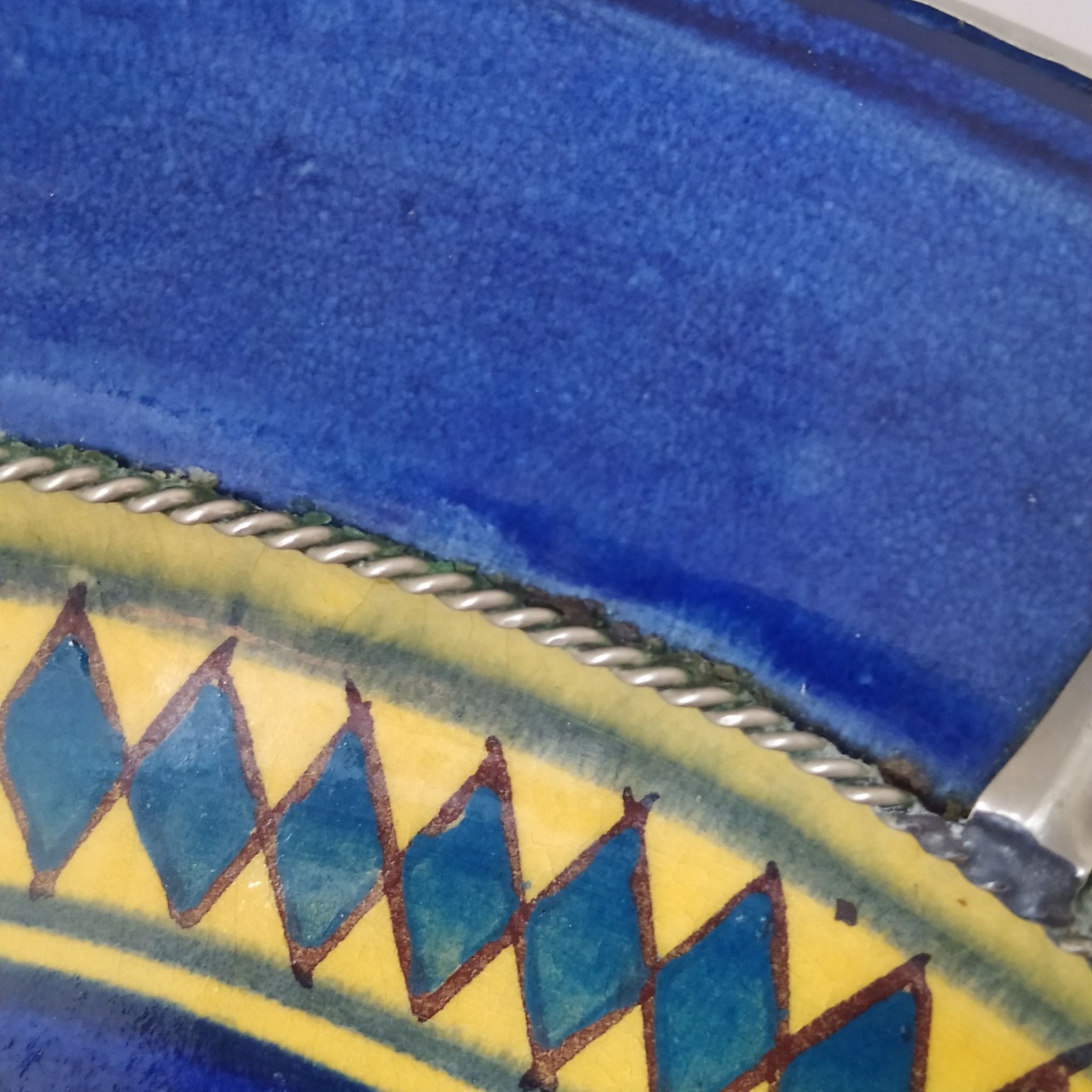 Moroccan dish polychrome faience and silver metal signed