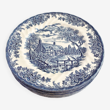 Assiettes plates anglaises bleues cottage