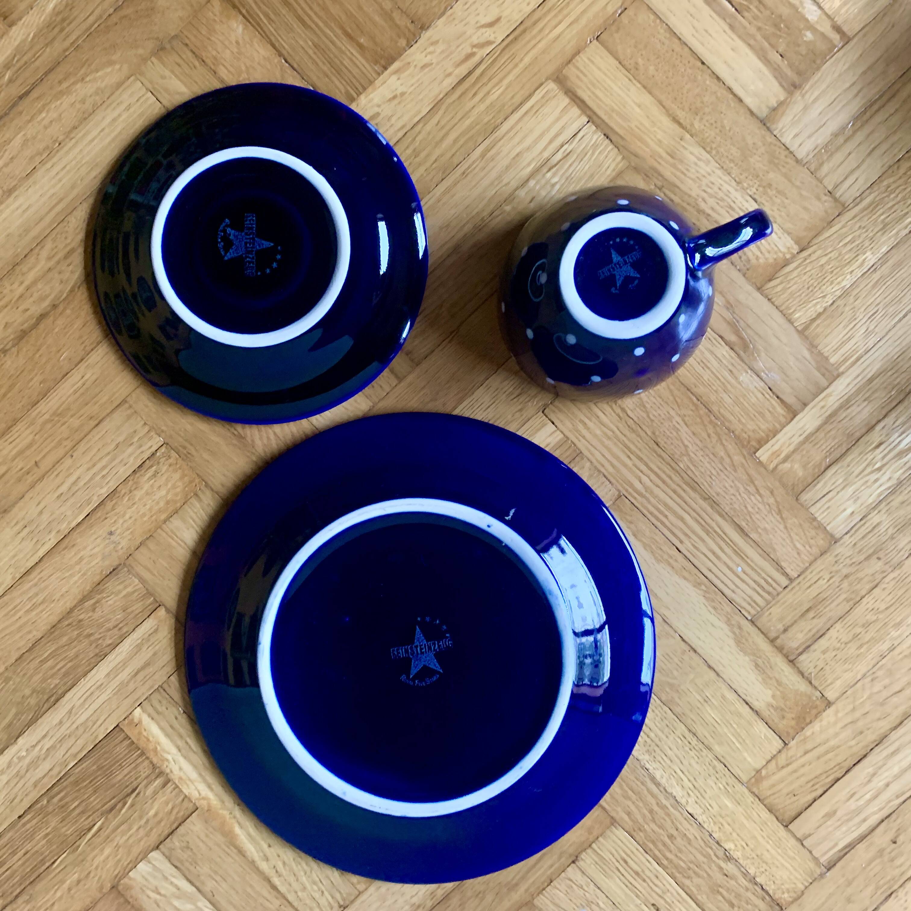 Vintage midnight blue coffee and dessert set with white dots - Glazed ceramic Feinsteinzeug